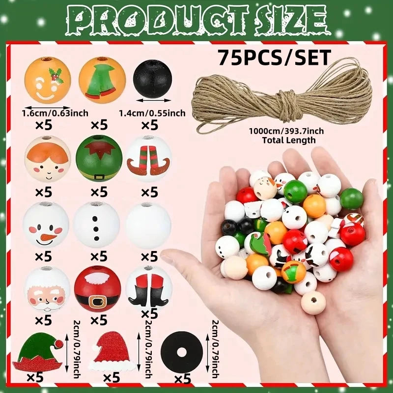 45PCS/75PCS/150PCS Santa Claus Gingerbread Man Snowman Elf Series Christmas Themed Wooden Bead Set, Holiday Party Decorations
