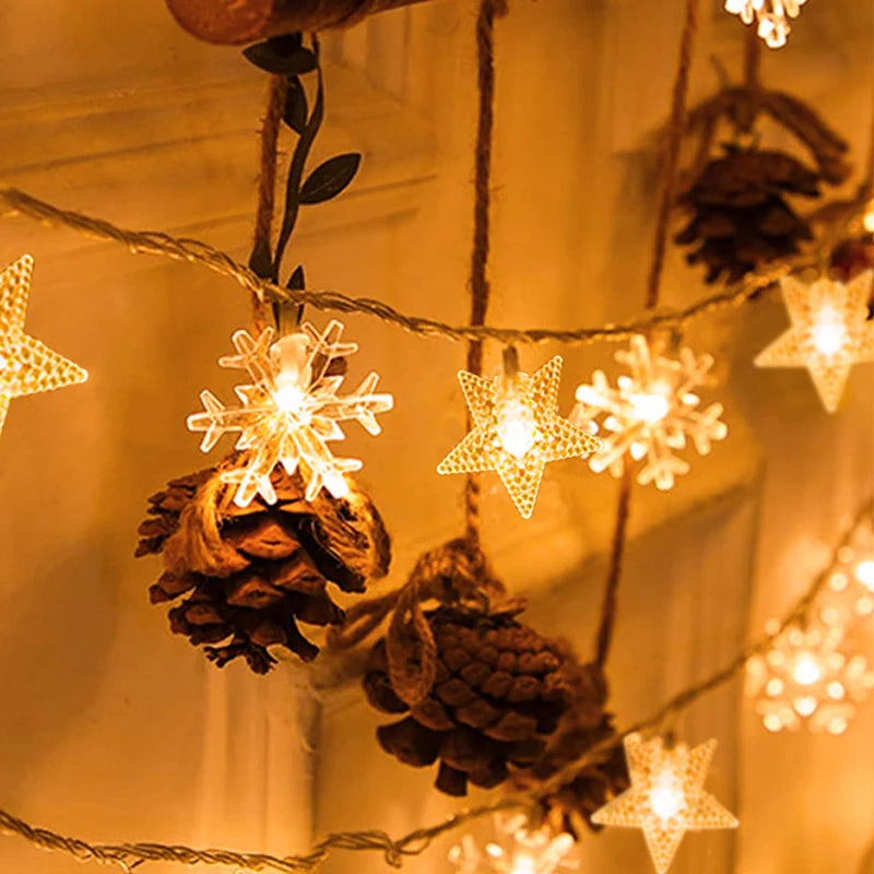 Guirnalda de luces navideñas de 1 a 10 metros con forma de copos de nieve, estrellas y lunas, ideal para fiestas navideñas, decoración del árbol, jardín y hogar.