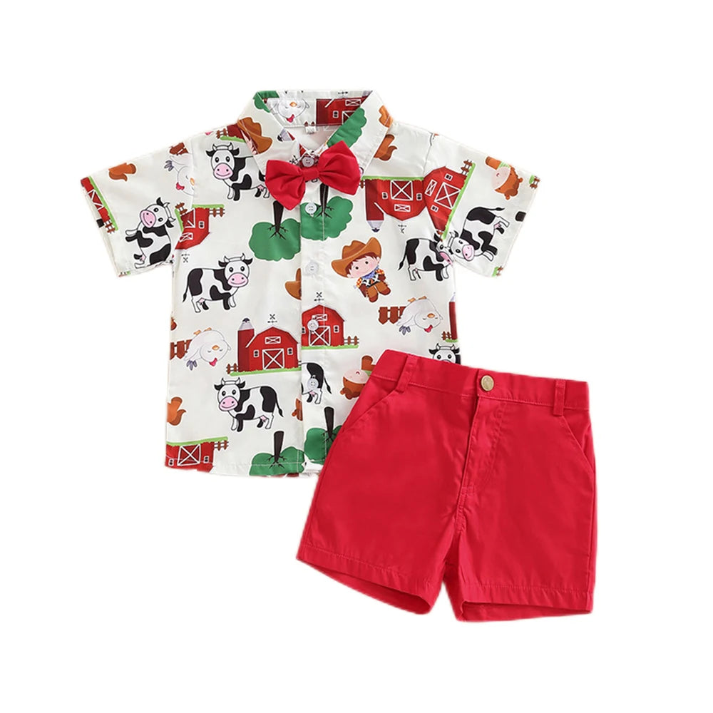 Ceeniu 1-5Y New Year Costume For Boy Christmas Outfit Santa Deer Printed Necktie Shirts and Red Pants Children Christmas Clothes