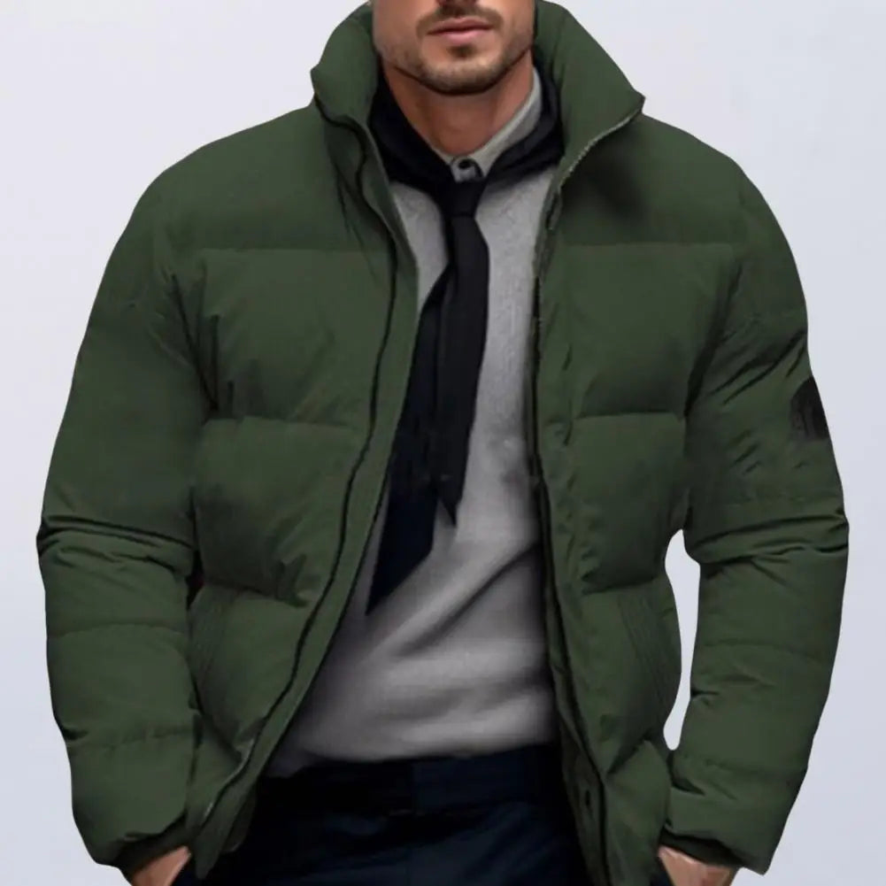 Men Quilted Jacket Solid Color Stand Collar Long Sleeve Zipper Closure Cotton Coat Thickened Jacket Down Cotton Puffer Outwear