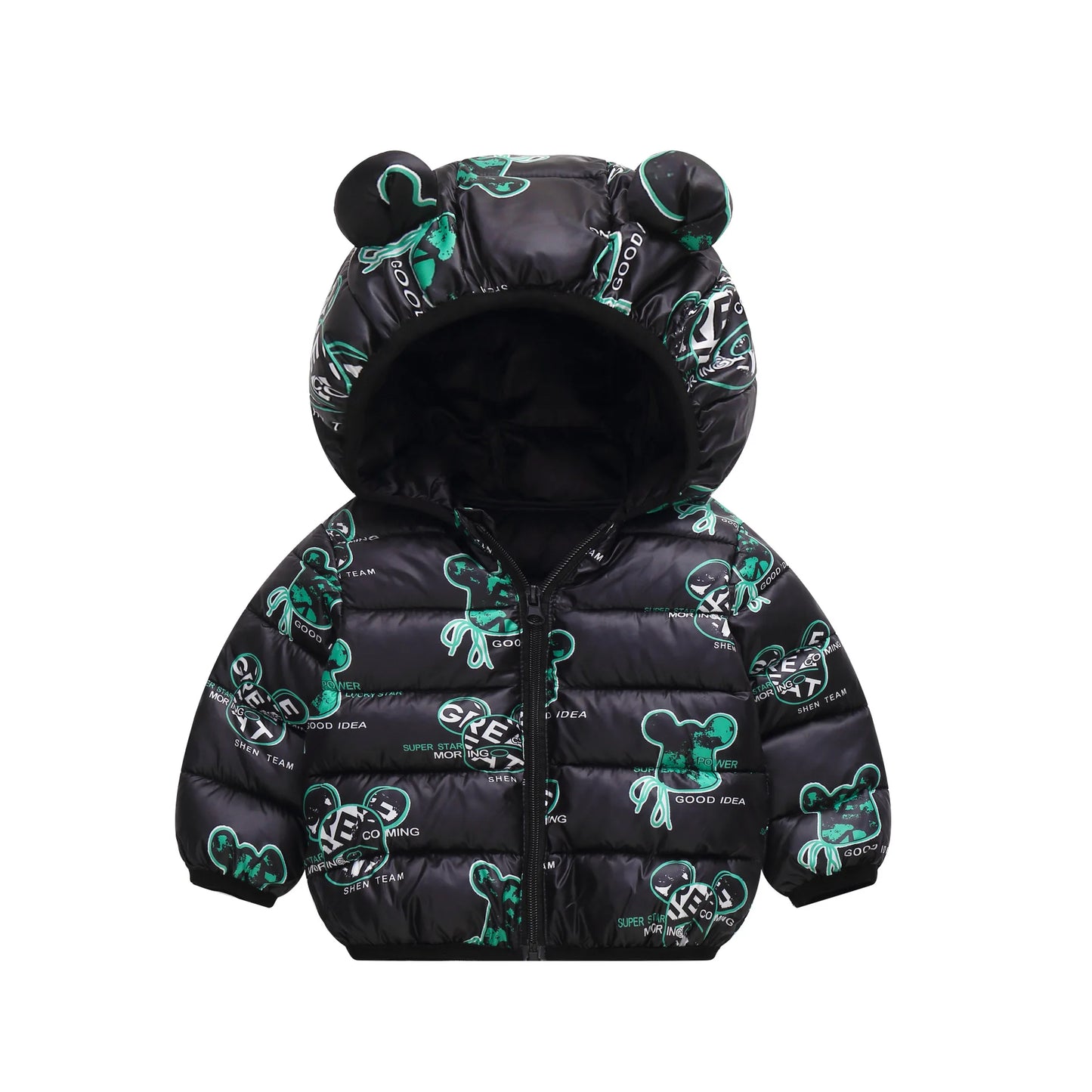 1-6Y Baby Cartoon Bear Ear Hooded Puffer Jackets Infant Warm Printed Winter Coats
