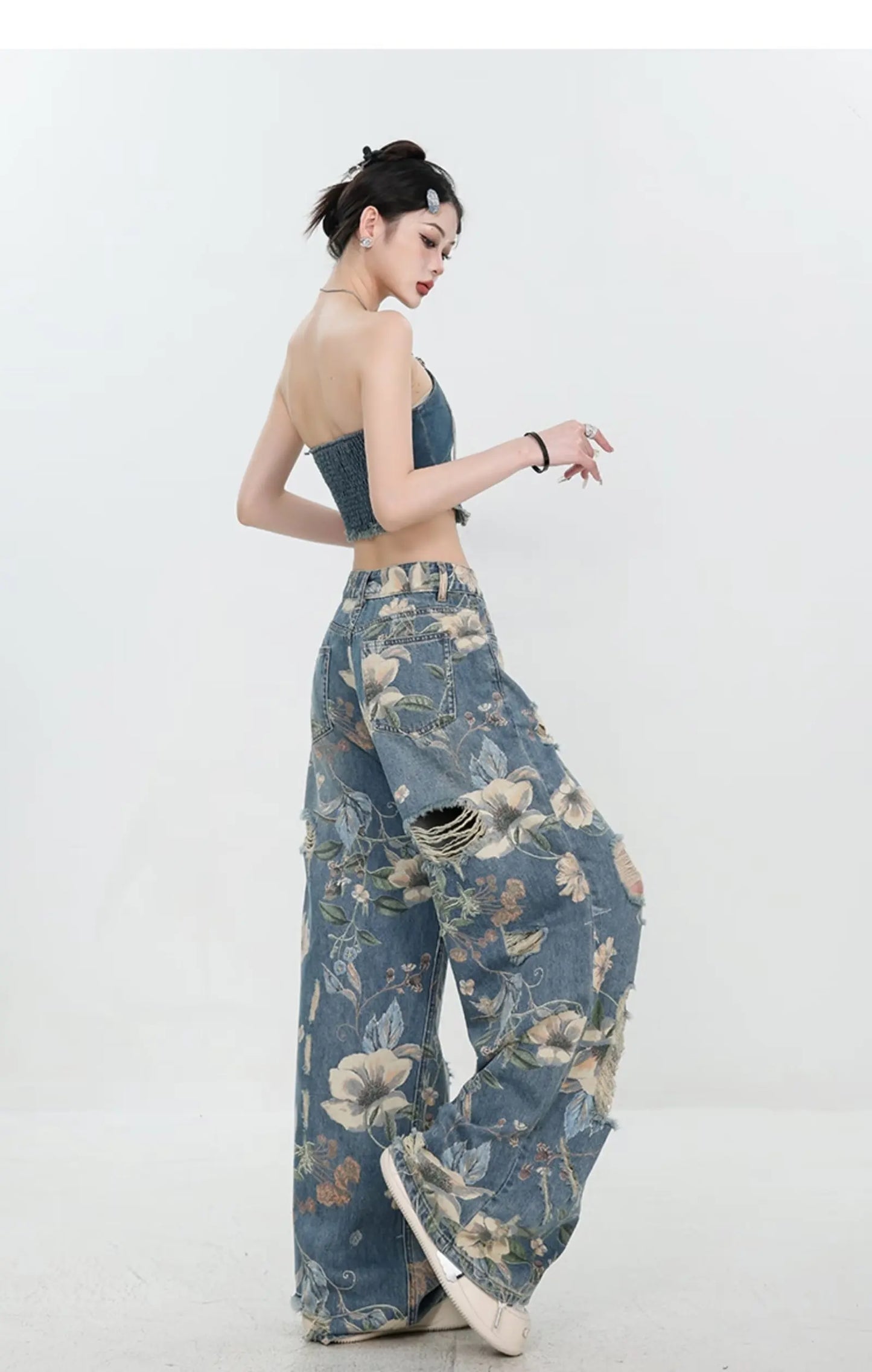 American Street Print Jeans For Women Trendy Style Loose And Versatile Floor-length Wide-leg Pants With A Versatile Design