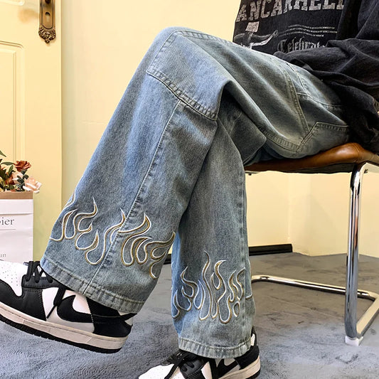 Y2K Vintage Flame Printed Jeans For Men Baggy Streetwear Wide Leg Denim Trousers 2025 New Hip Hop Fashion Straight Pantalones