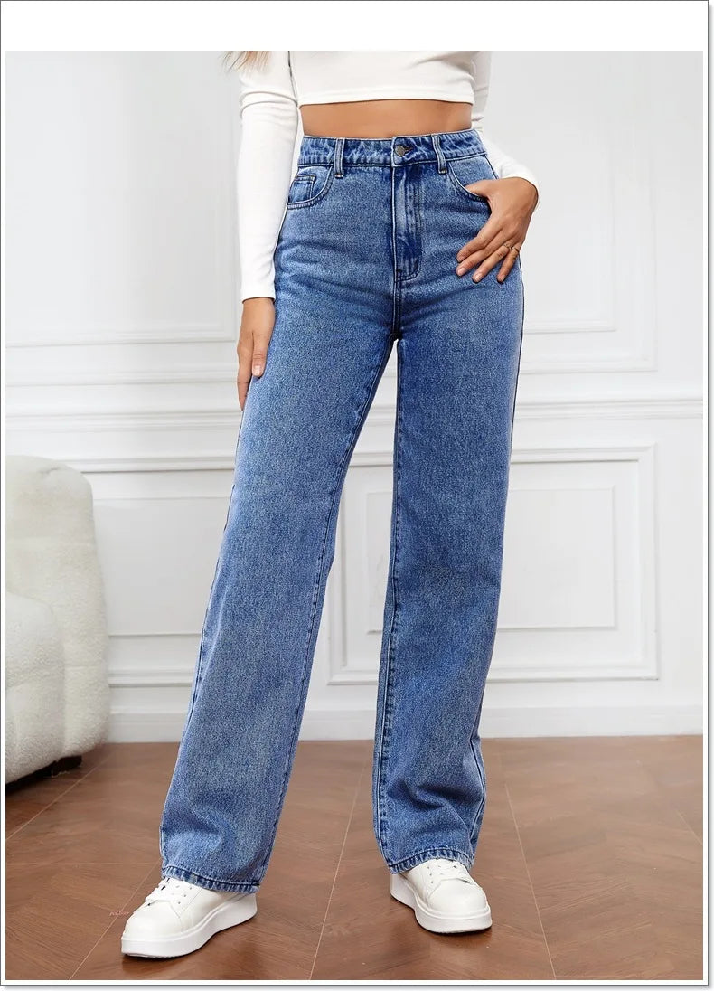 Pantalones vaqueros rectos para mujer, lavados, cintura alta, holgados, bolsillos, básicos, hasta el tobillo, color liso, ligeramente elásticos.