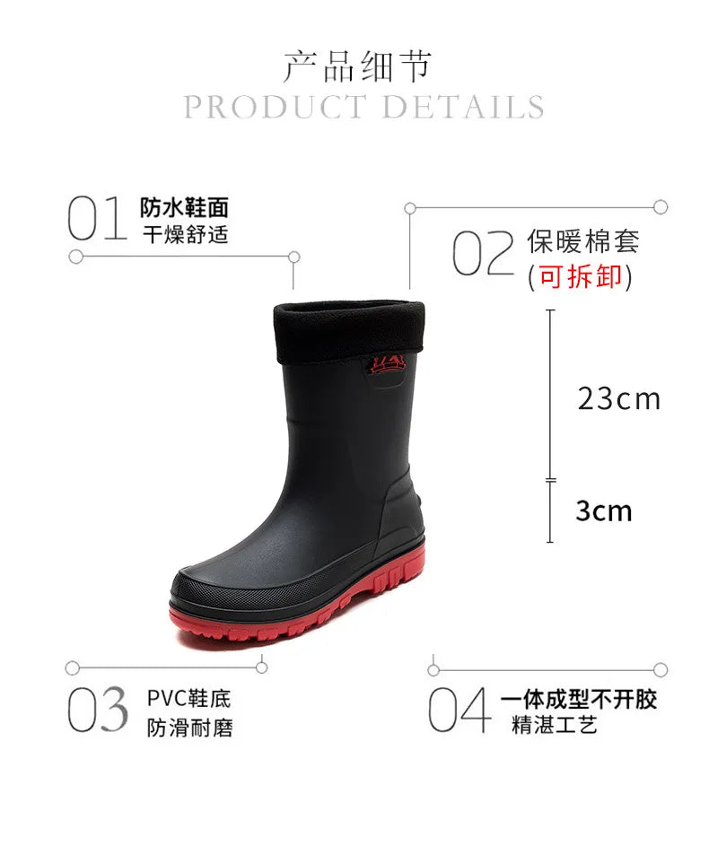 Bottes de pluie décontractées pour hommes, imperméables et antidérapantes, tige mi-haute, chaussures de travail tendance en caoutchouc (prendre une pointure au-dessus pour les modèles en coton)