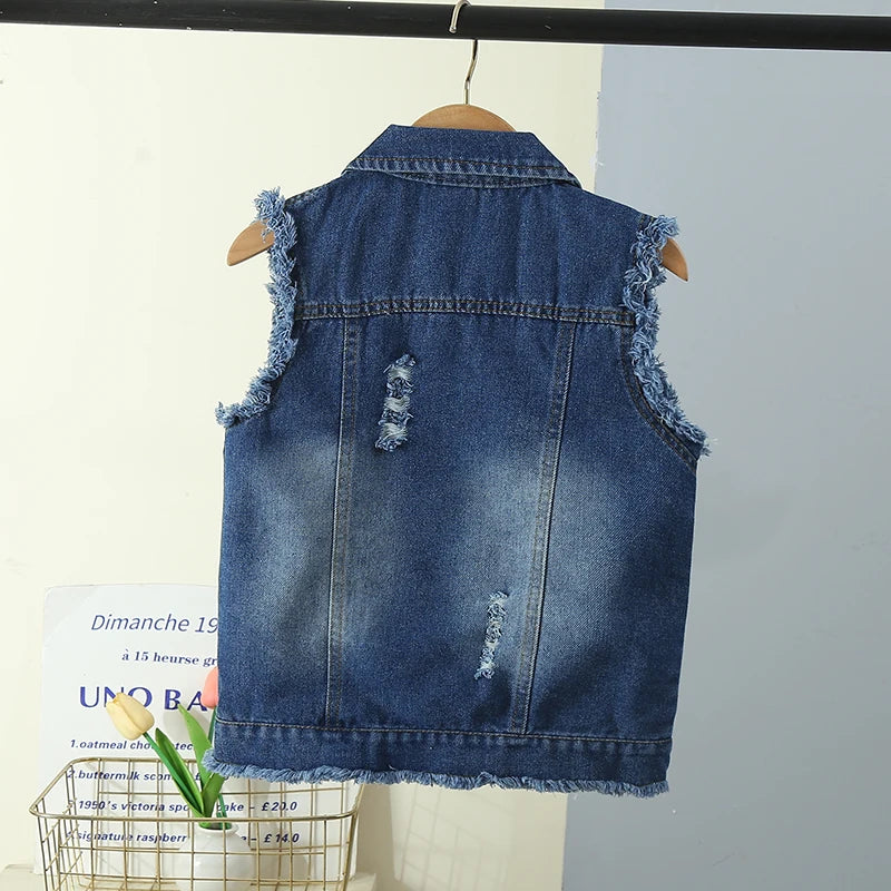Elegant Unisex Kids Denim Waistcoat with Raw Hem for Boys Girls Casual Sleeveless Jeans Jacket Vest Child Fashion Waist Coat