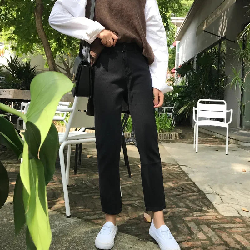 Pantalones vaqueros rectos de cintura alta, holgados, informales, de corte petite, color negro, para mujer, primavera y otoño de 2024