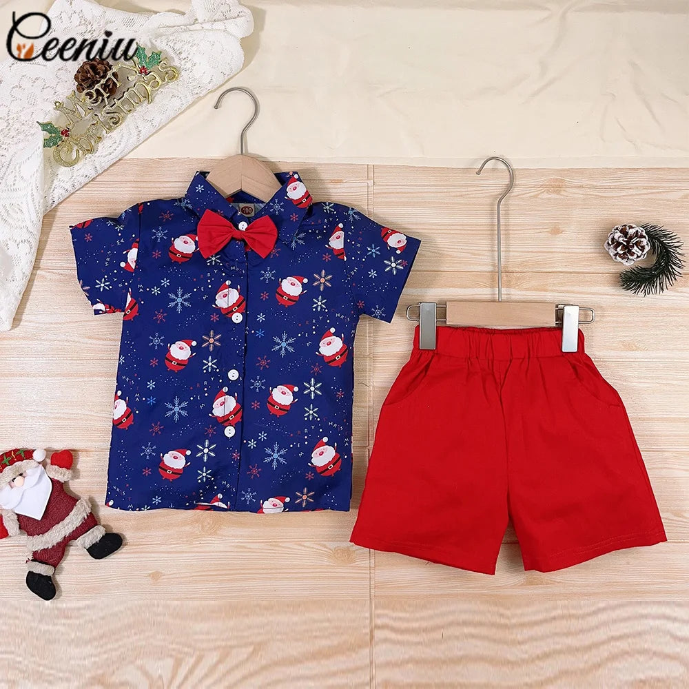 Ceeniu 1-5Y New Year Costume For Boy Christmas Outfit Santa Deer Printed Necktie Shirts and Red Pants Children Christmas Clothes