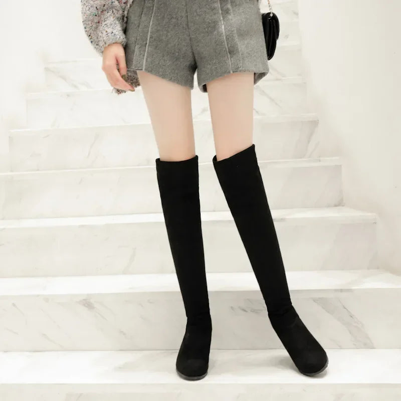 Botas largas elásticas de ante sintético para mujer, botas por encima de la rodilla, zapatos casuales negros sexis con plataforma para discoteca, botas de otoño para mujer