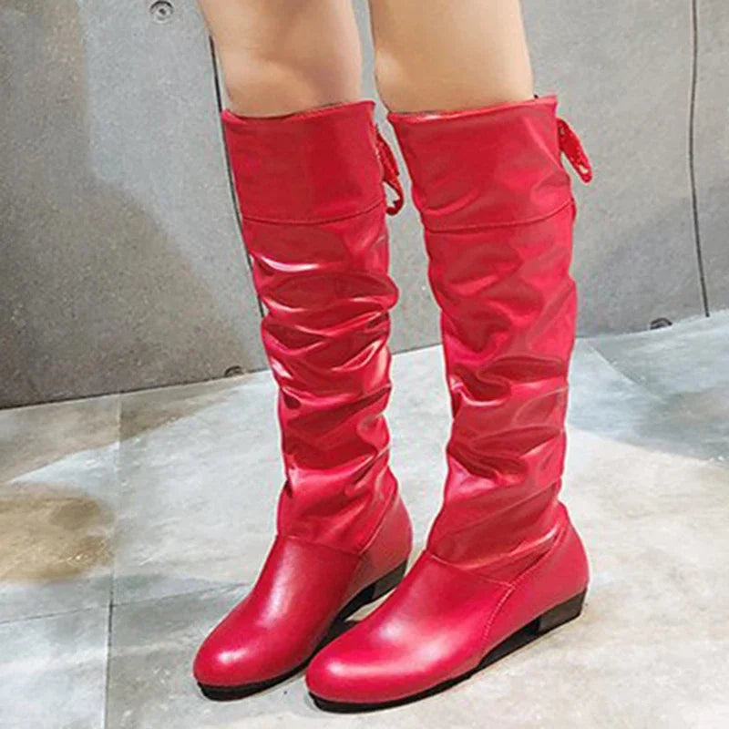 Shoes For Women Spring Knee High Boots Red Black White Tall Boots Woman Pleated Low Heel Casual Leather Female Long Shoes