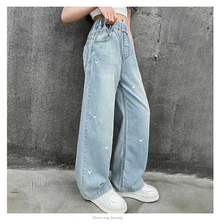 Ropa de verano para niñas, pantalones vaqueros con bandas elásticas y diseño de corazón para niñas, pantalones vaqueros Tencel finos y rectos con pierna ancha.