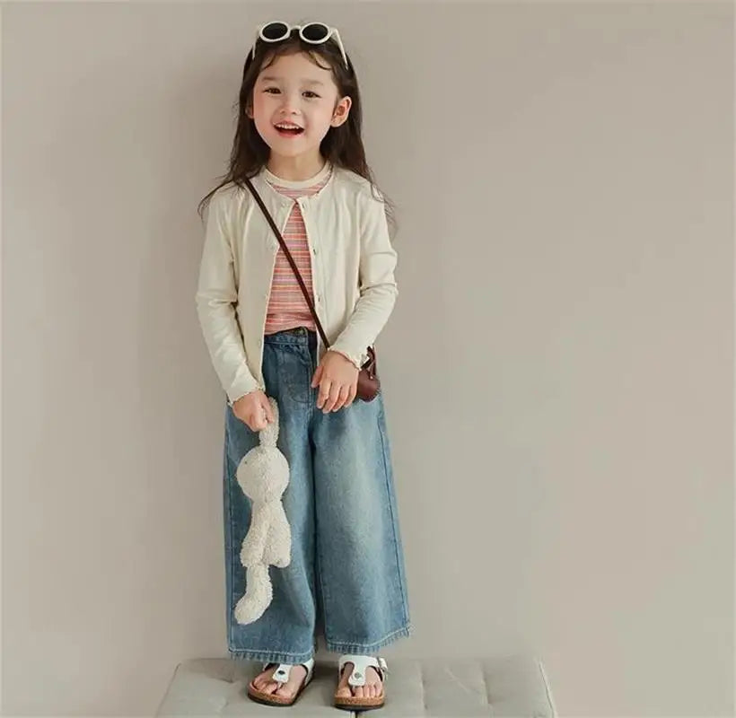 Humor Bear Girls’ Jeans Kids Clothing Summer Baggy Multi-pocket Elastic-waisted Long Jeans Wide-leg Pants Girls Pants