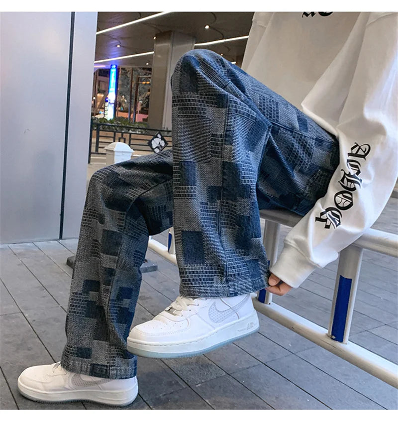 Autumn Blue Black Plaid Jeans For Men Y2K Vintage Wide-leg Jean High Street Loose Straight Denim Trousers Hip Hop Pantalones