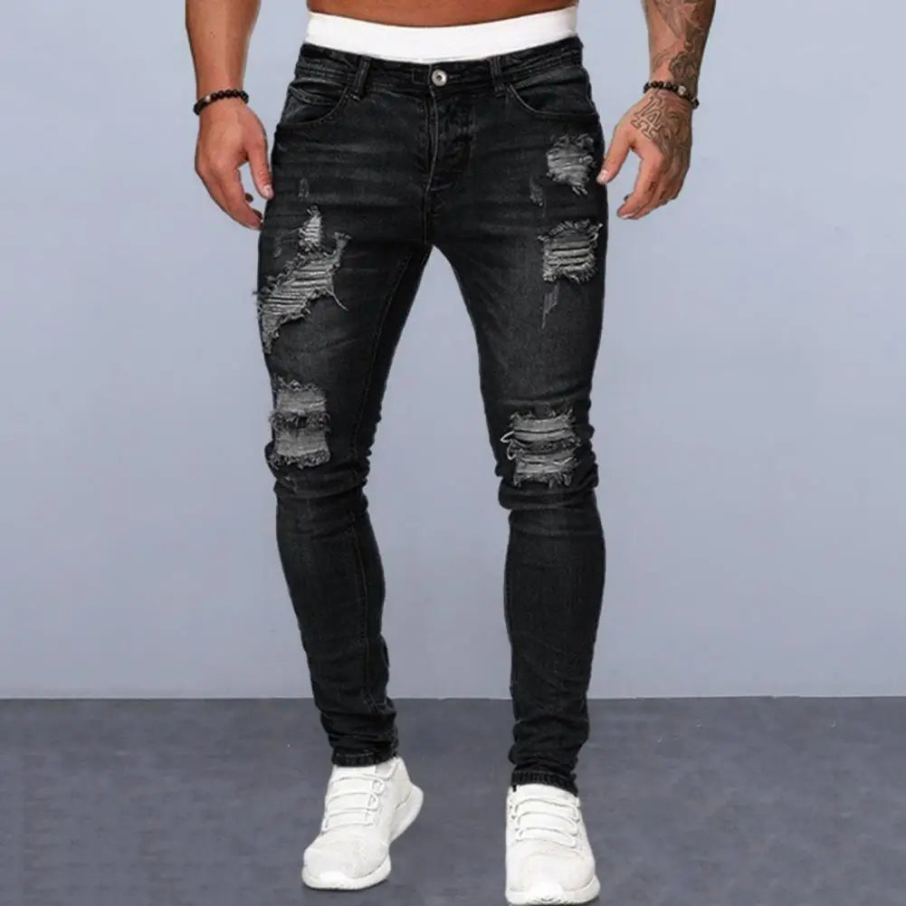 Pantalones vaqueros ajustados para hombre, elásticos, pintados, ajustados, rotos, desgastados, plisados, con parches en las rodillas, pantalones vaqueros casuales de marca para hombre
