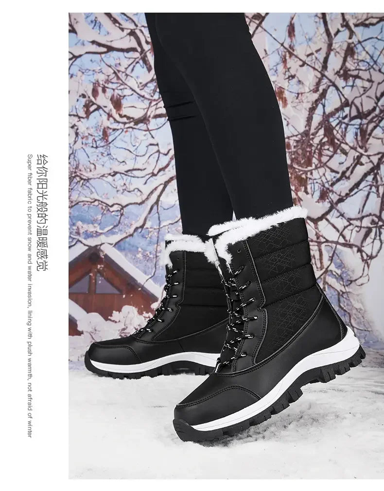 Winter Women's Waterproof High Heel Boots Strap Up Flat Heel Boots Warm Snow Shoes, Plush Outdoor Fashion Casual Boots