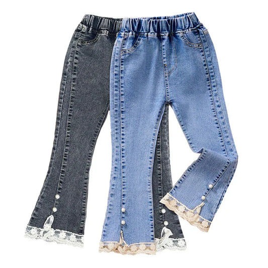 Pantalones vaqueros para niñas con cintura elástica y encaje, pantalones vaqueros con cuentas y tachuelas, pantalones de otoño de color liso, ropa informal de primavera para niñas grandes