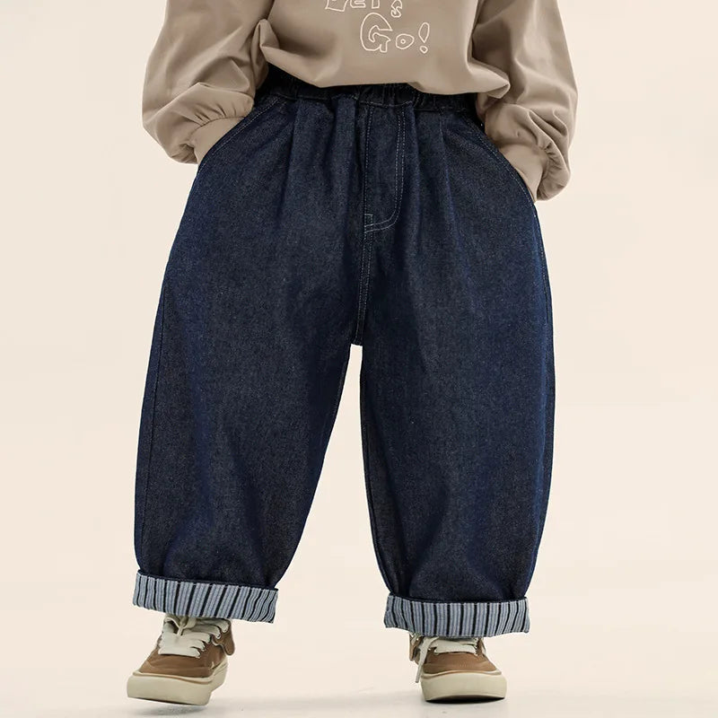 Ropa de diario de primavera para niños de 2 a 7 años, pantalones vaqueros a rayas con bolsillos y retazos, estilo coreano, con reborde, a la moda.