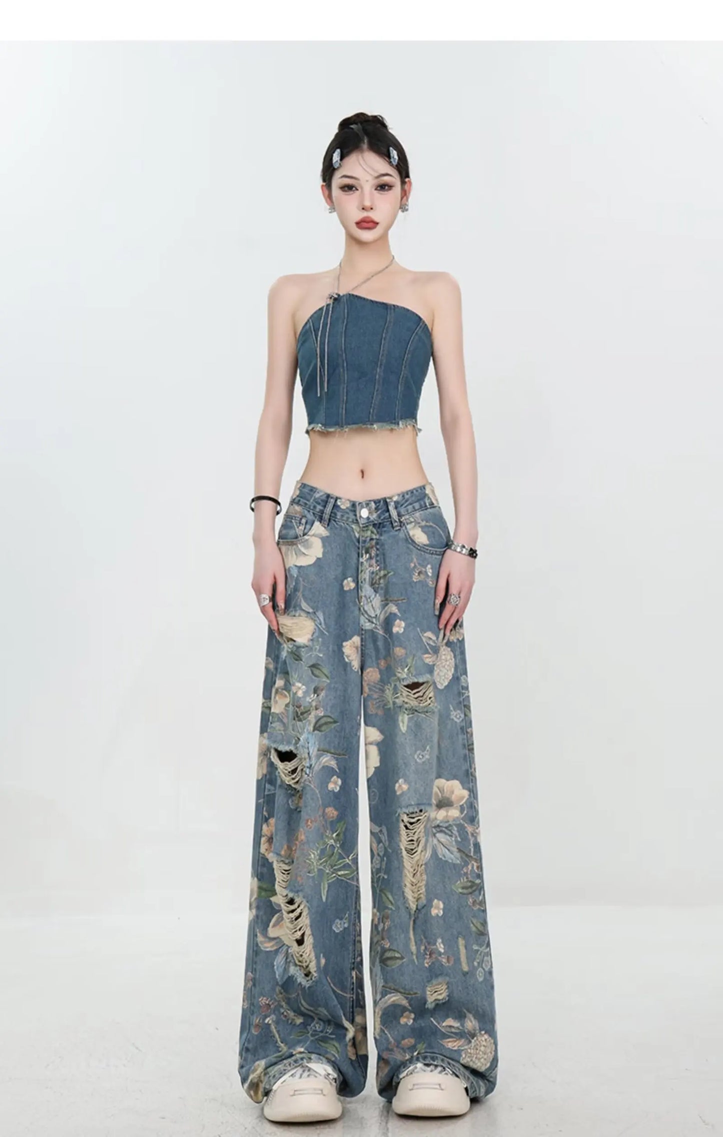 American Street Print Jeans For Women Trendy Style Loose And Versatile Floor-length Wide-leg Pants With A Versatile Design