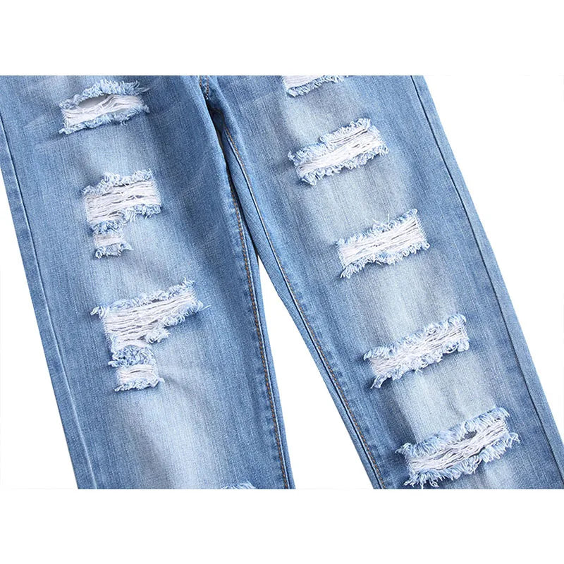2025 Men's Straight Ripped Destruction jeans Distressed Jeans Men Denim Trousers Fashion Designer Brand Light blue Pants Male