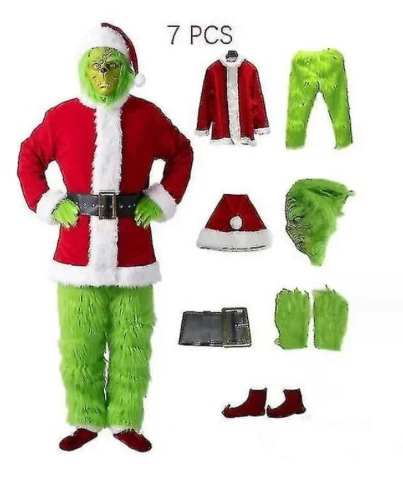 Disfraz de Papá Noel de primera calidad, conjunto de disfraces navideños, ropa de cosplay, Papá Noel friki, pelo verde, Grinch friki, ropa para actuaciones
