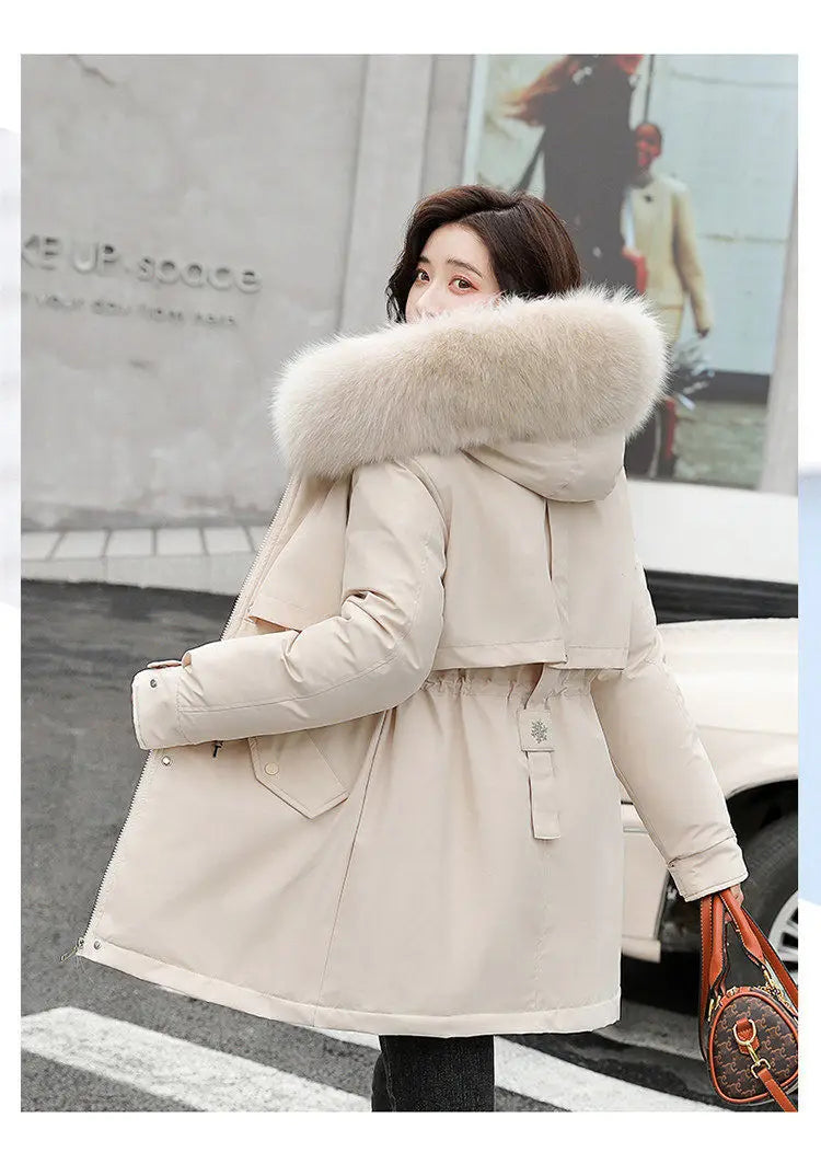 Spring Parkas Women Coats Mid Length Coat Thick Warm Hooded Drawstring Jackets Splice Zipper Tight Waist Jacket Autumn Winter