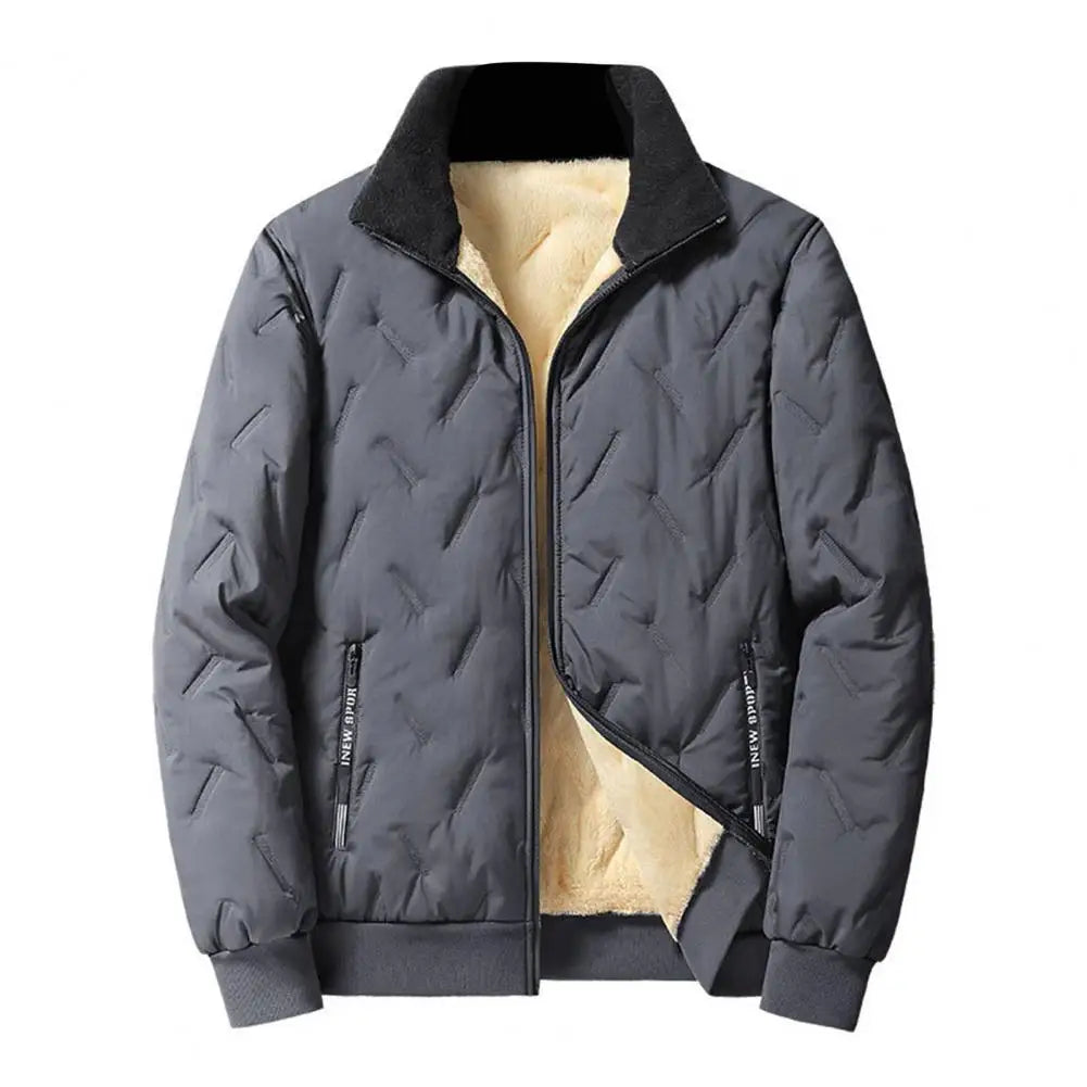 Men Parkas For Winter Lapel Embossed Lines Zipper Pockets Jacket Solid Color Plush Lining Elastic Hem Male Coat For Outdoor
