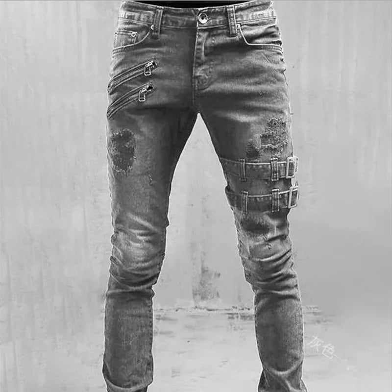 2025 New Men Slim Biker Ripped Long Denim Trousers Skinny Jeans Side Straps Zips Male Jogging Pants Destroyed Stretchy Pants