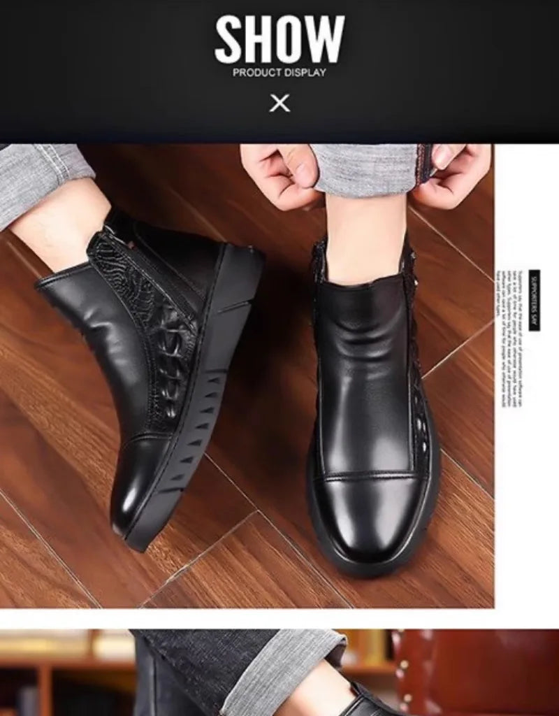 Botas de lujo para hombre, botas de plataforma altas de moda, botas clásicas de cuero para uso casual de negocios, botas de invierno de algodón cálido y afelpado para hombre