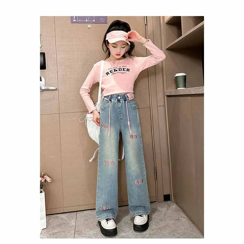 Pantalones vaqueros con letras para niñas, pantalón holgado e informal, elástico, recto, para primavera y otoño, de 2 a 12 años