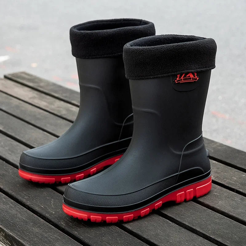 Bottes de pluie décontractées pour hommes, imperméables et antidérapantes, tige mi-haute, chaussures de travail tendance en caoutchouc (prendre une pointure au-dessus pour les modèles en coton)