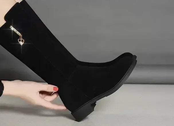 Nuevas botas de nieve cálidas y afelpadas para mujer, informales, planas, combinables, de algodón, a la moda, con cremallera lateral, zapatos de invierno, botas altas hasta el muslo, negras