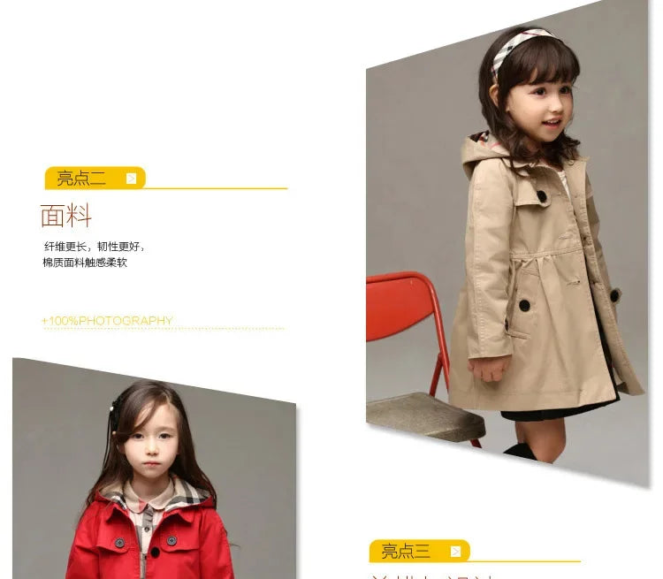 Children Girls Sweatshirt New Spring Autumn Birthday Present Long Style Hooded Coat for Girl Kids Jacket Red Windbreaker Coat