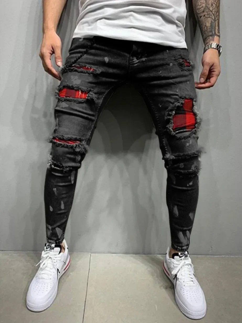 Pantalones vaqueros ajustados de cintura media con agujeros desgastados para hombre, estilo urbano, hasta el tobillo, lavados, 2025