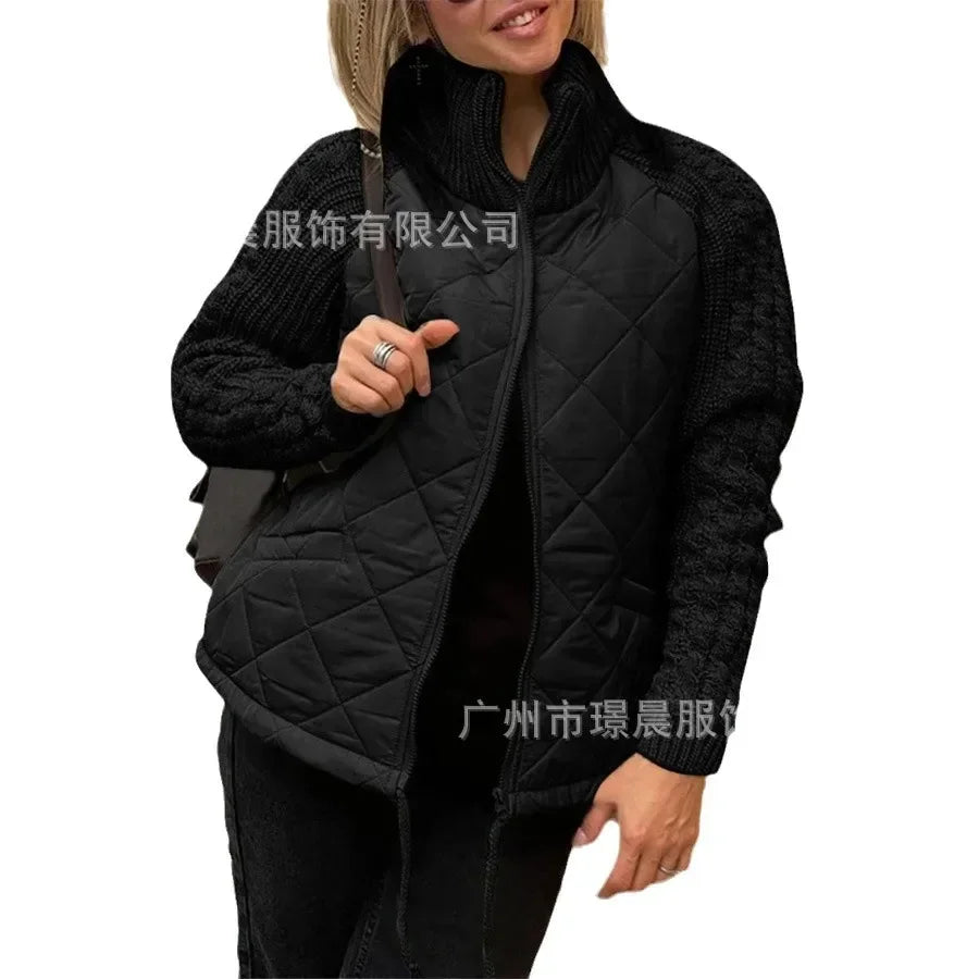 Women Autumn Winter Cardigan Zipper Long-sleeved Stand-up Collar Parka Jacket Coat Solid Color