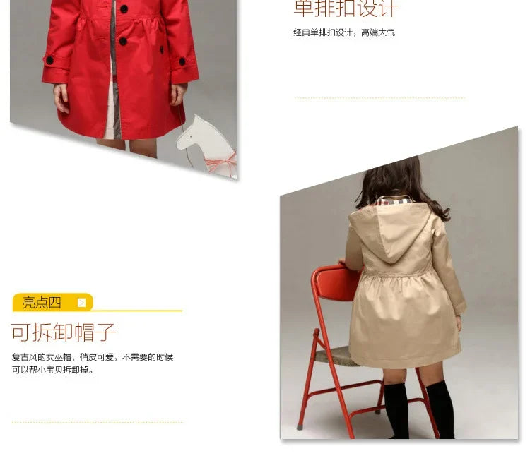 Children Girls Sweatshirt New Spring Autumn Birthday Present Long Style Hooded Coat for Girl Kids Jacket Red Windbreaker Coat