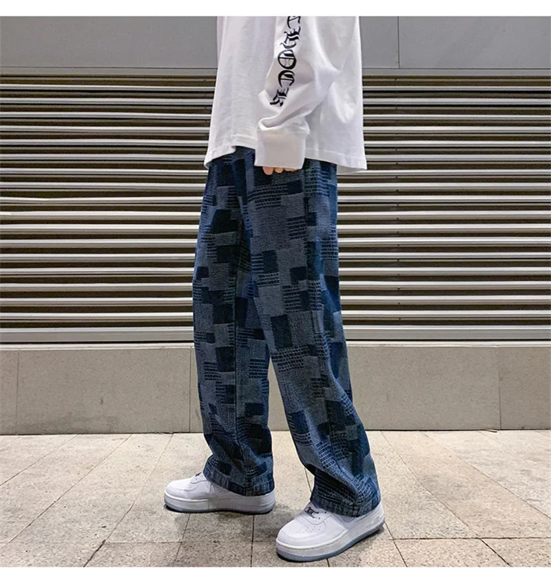 Autumn Blue Black Plaid Jeans For Men Y2K Vintage Wide-leg Jean High Street Loose Straight Denim Trousers Hip Hop Pantalones