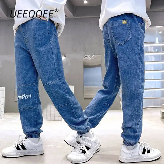 Spring Autumn Children Jeans 4-6Y Boys Cotton Print Splice Stretch Denim Pants Korean Teenage Trousers Wear Kids Clothing New