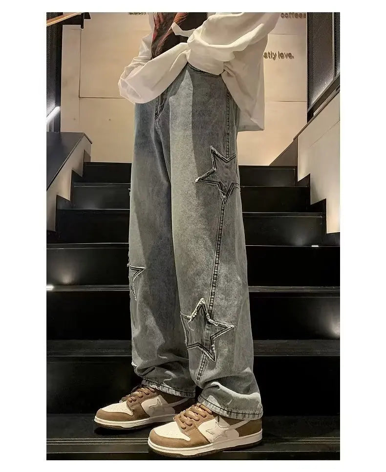 Pantalones vaqueros rectos informales con bordado de estrellas para hombre, estilo gótico, neutros, nuevos, holgados, de pierna ancha, estilo hip-hop, estilo urbano, pantalones vaqueros Y2K para hombre