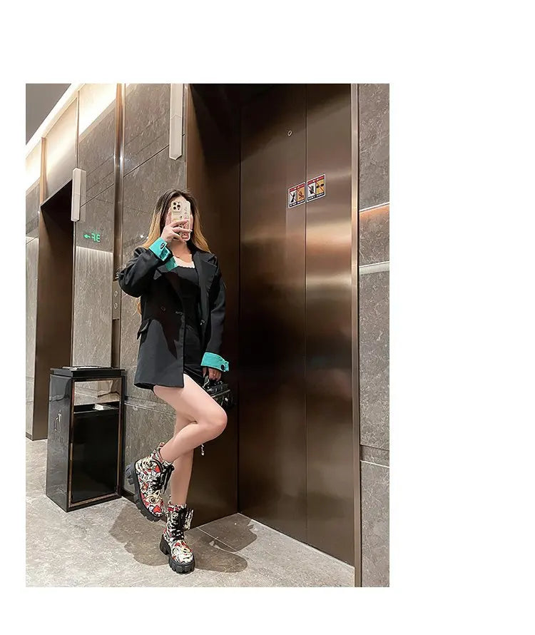 Thick-soled Women's Ankle Boots Fashion Printed Women Shoes High Quality Non-slip Motorcycle Boots New Gothic Style Women Boots