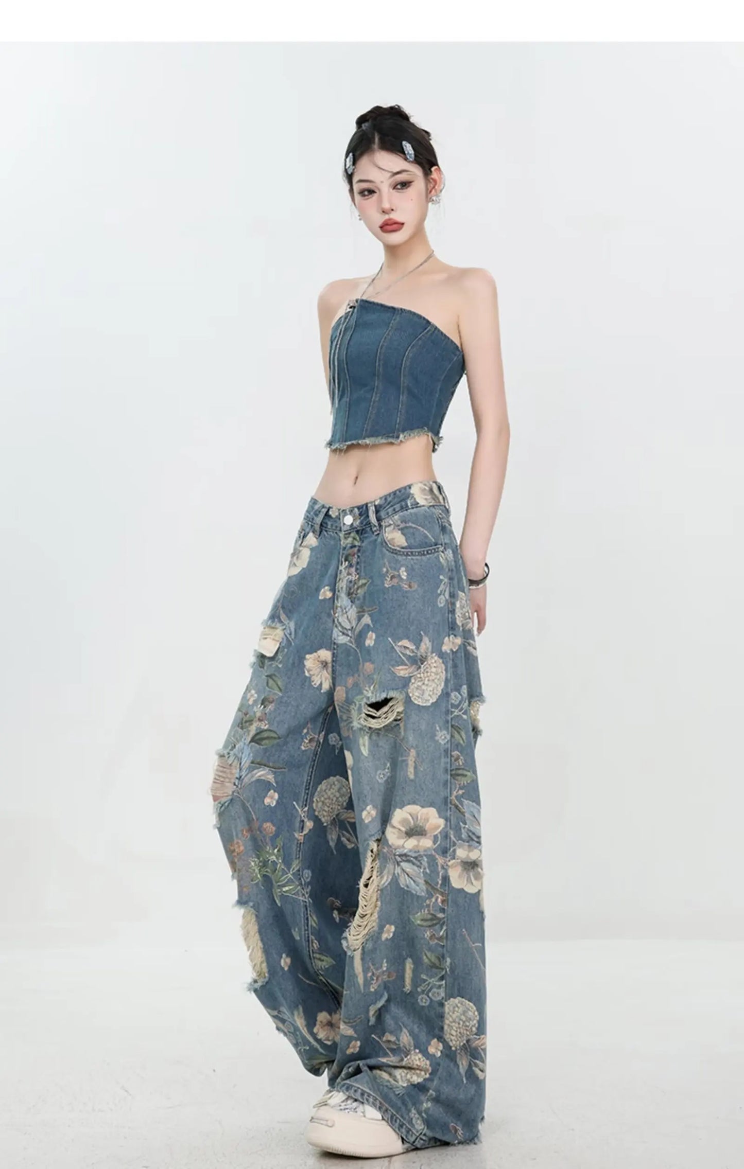 American Street Print Jeans For Women Trendy Style Loose And Versatile Floor-length Wide-leg Pants With A Versatile Design