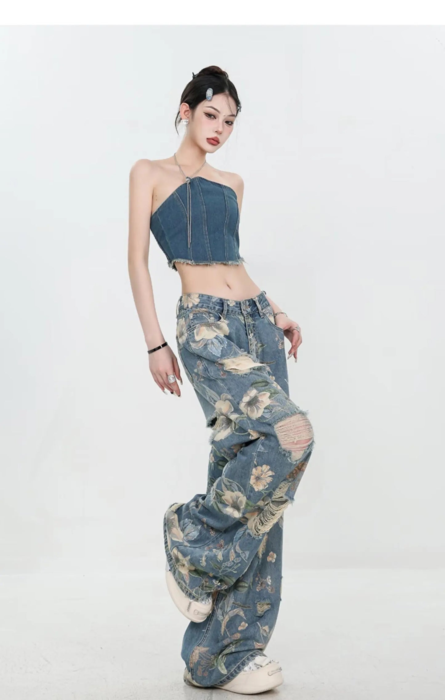 American Street Print Jeans For Women Trendy Style Loose And Versatile Floor-length Wide-leg Pants With A Versatile Design
