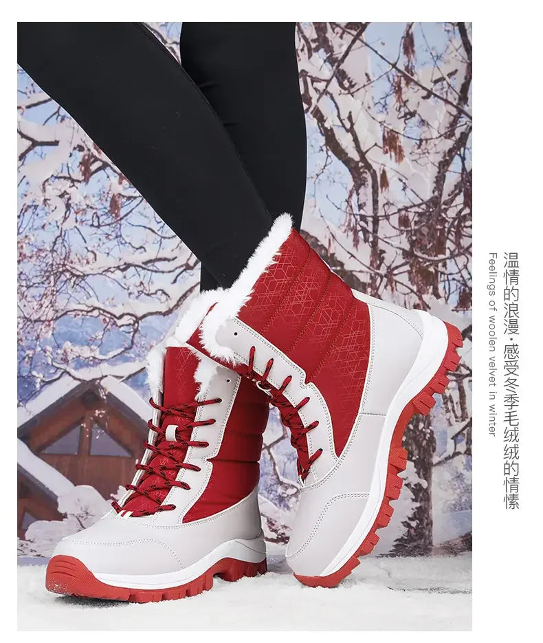 Winter Women's Waterproof High Heel Boots Strap Up Flat Heel Boots Warm Snow Shoes, Plush Outdoor Fashion Casual Boots