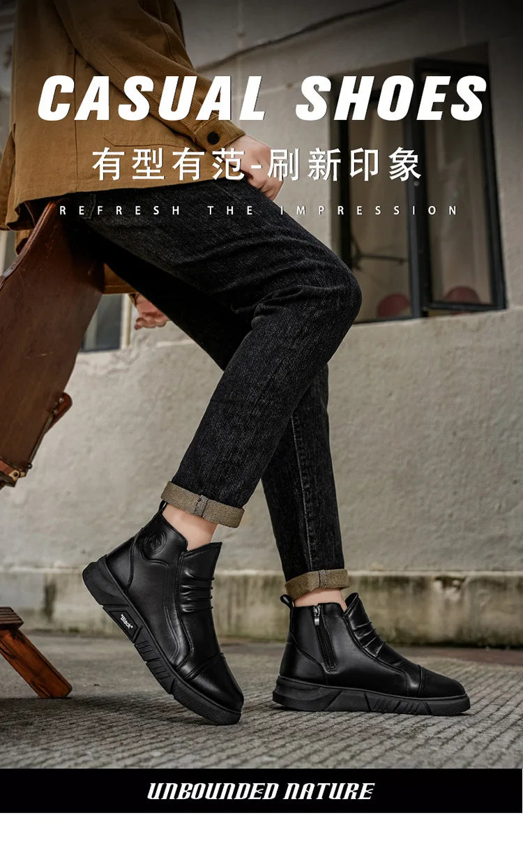 Winter New Fashion Men's Boots Thick Plush Ankle Boots with Thick Soles Black Business Comfortable Leather Shoes tenis masculino