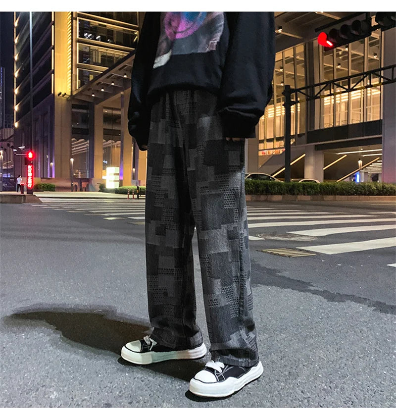 Autumn Blue Black Plaid Jeans For Men Y2K Vintage Wide-leg Jean High Street Loose Straight Denim Trousers Hip Hop Pantalones