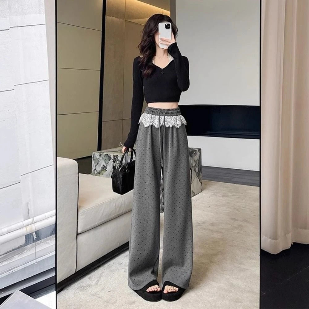 Soft Lace Straight Leg Pants High Waist Drawstring Women Casual Pants Trousers Streetwear Wide Leg Loose Pants Daily