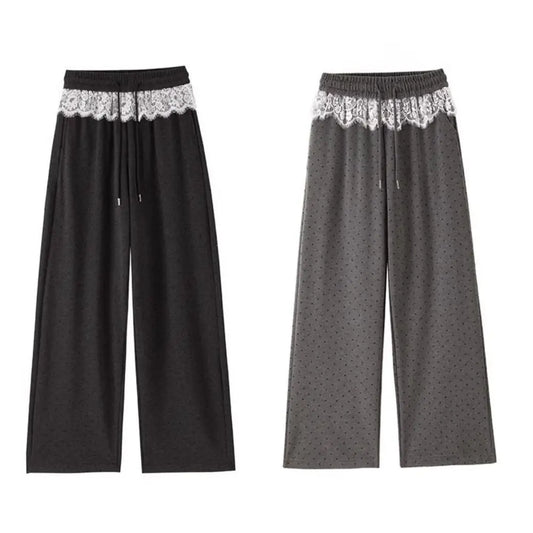 Soft Lace Straight Leg Pants High Waist Drawstring Women Casual Pants Trousers Streetwear Wide Leg Loose Pants Daily