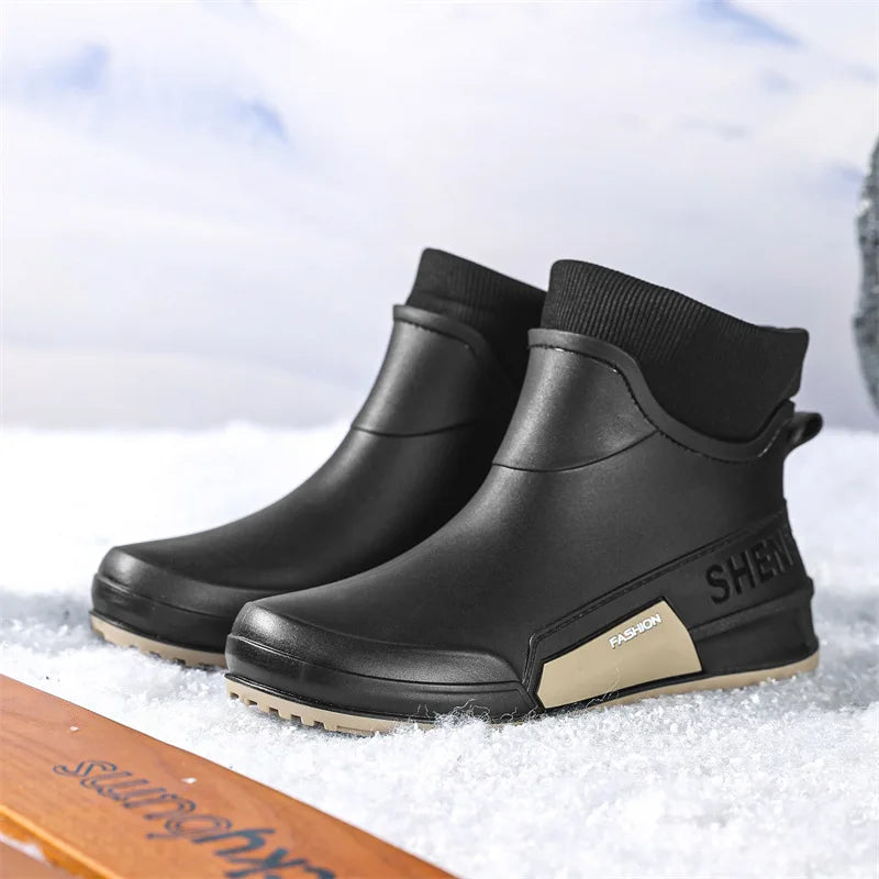 Waterproof Ankle Rain Boots for Men Chef Kitchen Fleece-lined Man Shoes Work Fashion Rainy Day Non-slip Garden Fishing Wellies