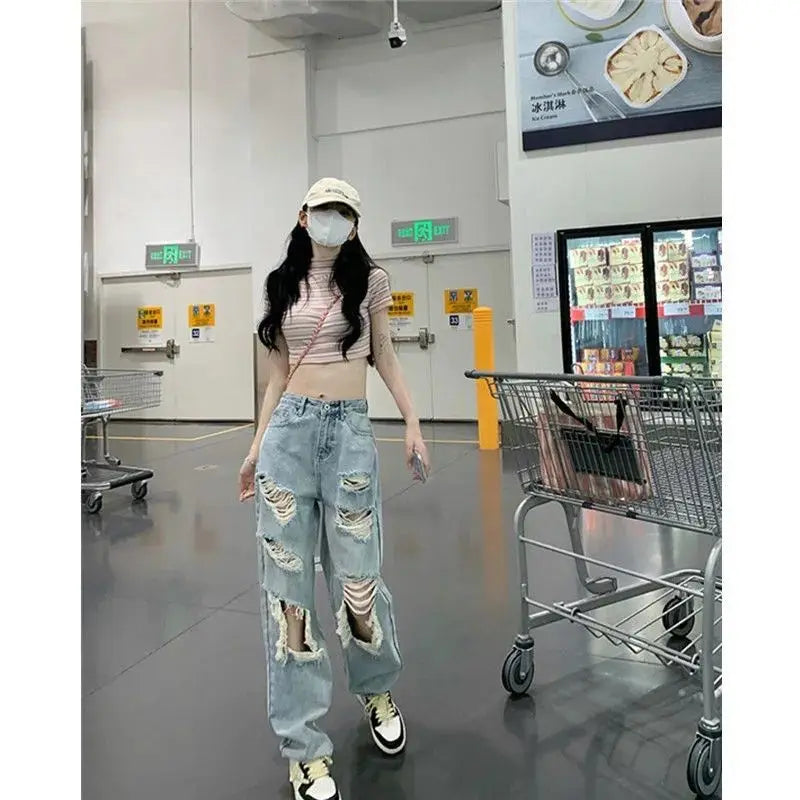 Pantalones vaqueros desgastados de cintura alta para mujer, de primavera y verano, de tubo recto, holgados, de pierna ancha, lavados, de talla grande, 2022