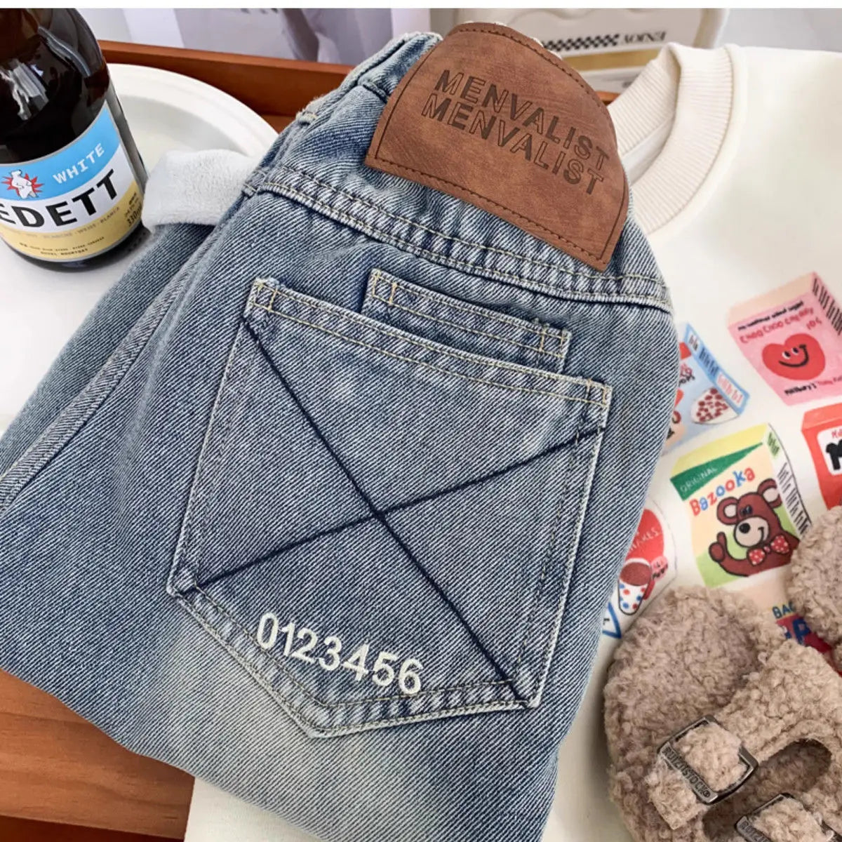 New Boys' All in One Fleece Jeans Autumn and Winter Children's Stylish Warm Pants Kids Handsome Elastic Trousers