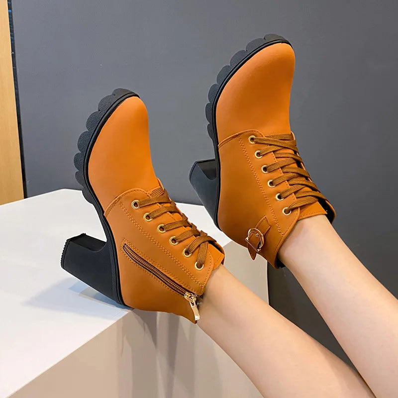 Women Boots Lace Up Ankle Boots Spring Fashion Outdoor Pumps Boots Black Buckle High Heel Boot Plus Size Platform Women Shoes